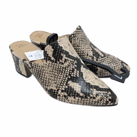 snakeskin print mules